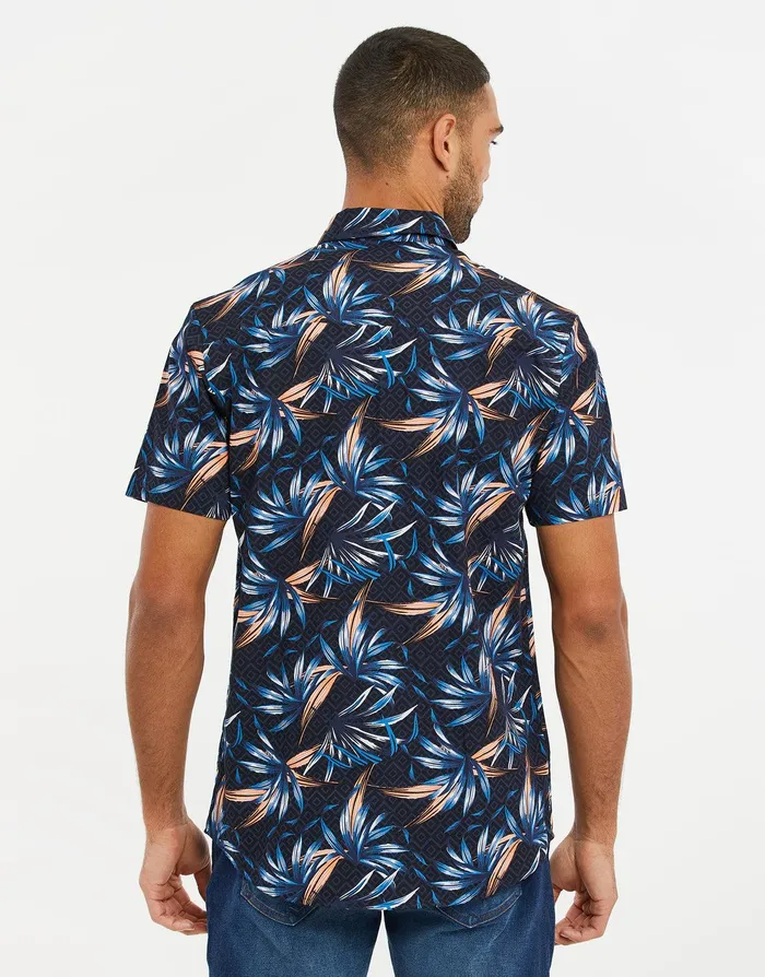 Men Navy Palm Print Short Sleeve Shirt Navy Threadbare Shirts Men Navy Palm Print Short Sleeve Shirt Navy Threadbare Shirts