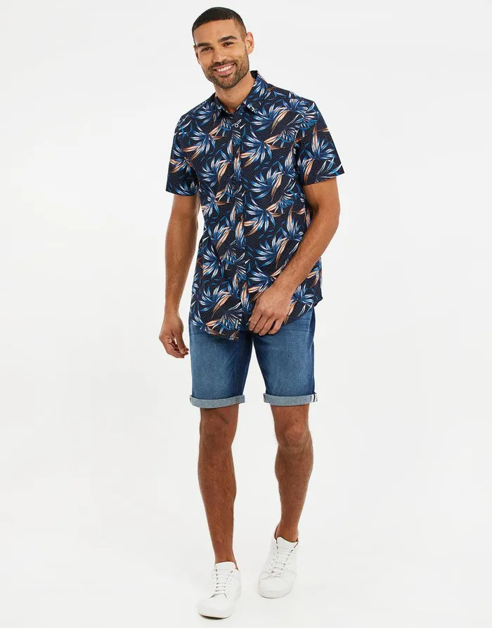 Men Navy Palm Print Short Sleeve Shirt Navy Threadbare Shirts Men Navy Palm Print Short Sleeve Shirt Navy Threadbare Shirts