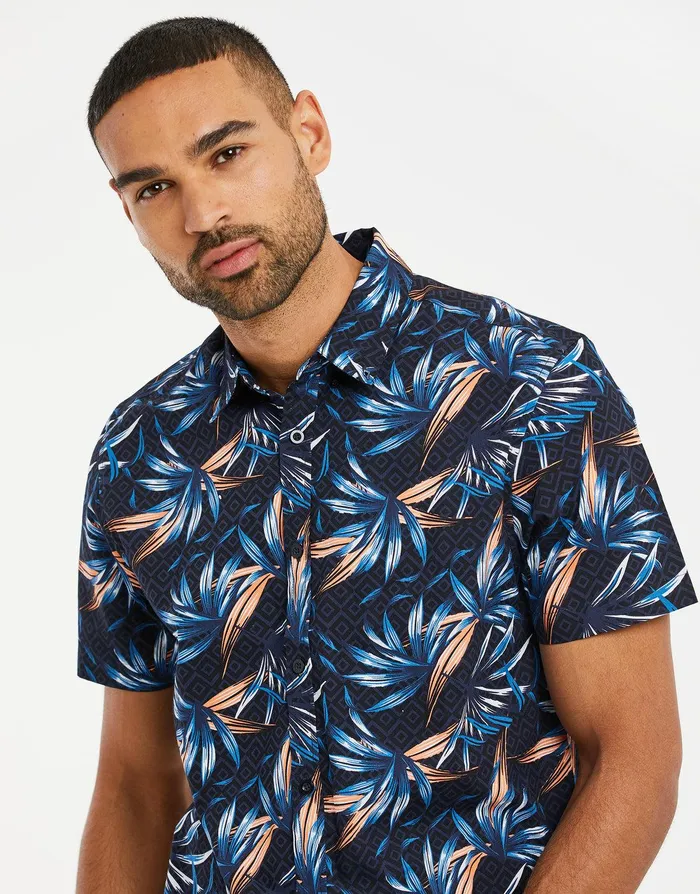 Men Navy Palm Print Short Sleeve Shirt Navy Threadbare Shirts Men Navy Palm Print Short Sleeve Shirt Navy Threadbare Shirts