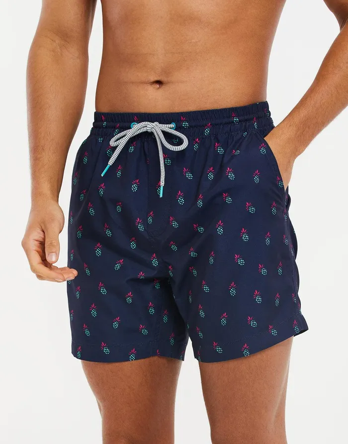 Men Navy Pineapple Print Swim Shorts Navy Threadbare Swimwear