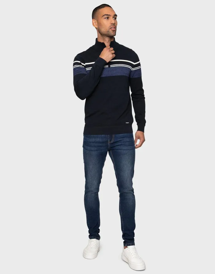 Men Navy Quarter Zip Colourblock Jumper Navy Threadbare Knitwear Men Navy Quarter Zip Colourblock Jumper Navy Threadbare Knitwear