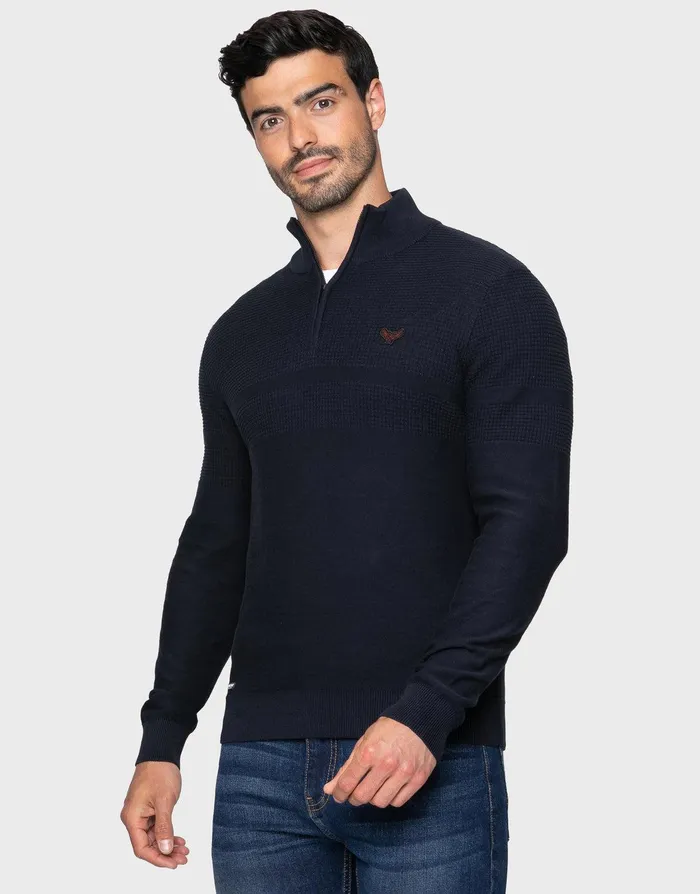 Men Navy Quarter Zip Jumper Navy Threadbare Knitwear