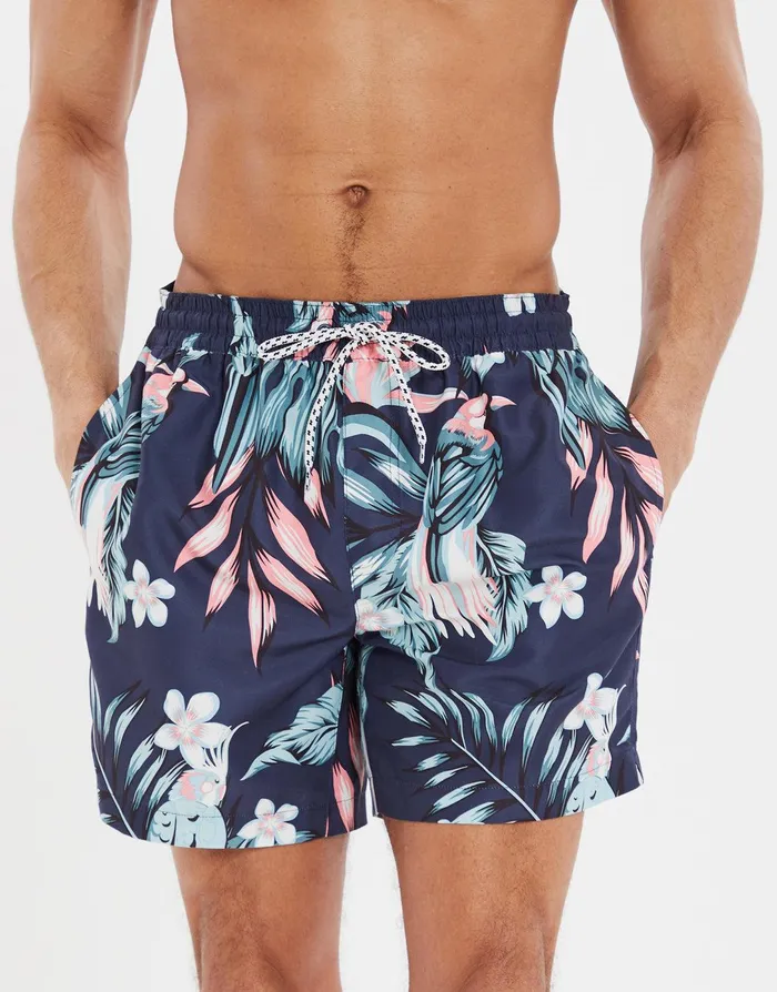 Men Navy Tropical Floral Print Swim Shorts Navy Threadbare Swimwear