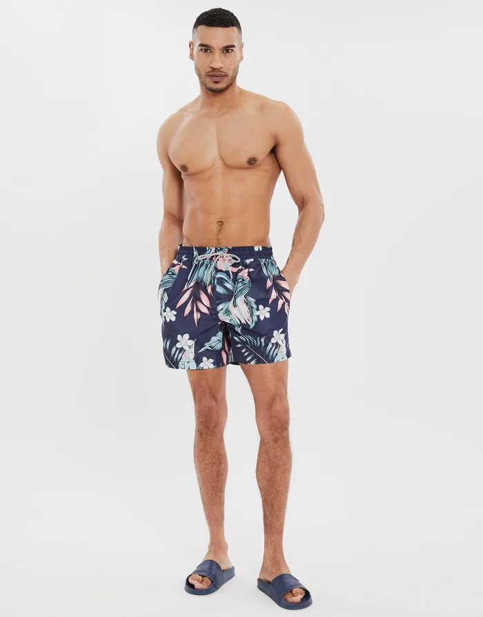 Men Navy Tropical Floral Print Swim Shorts Navy Threadbare Swimwear Men Navy Tropical Floral Print Swim Shorts Navy Threadbare Swimwear