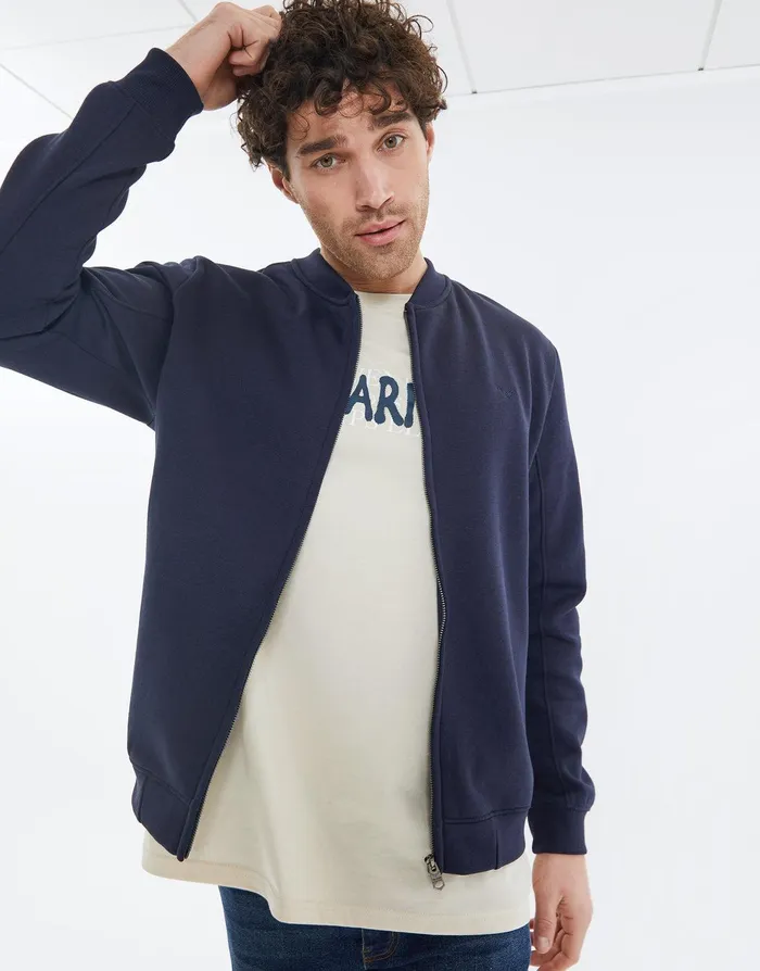 Men Navy Zip Up Fleece Varsity Jacket Navy Threadbare Jacket and Coats
