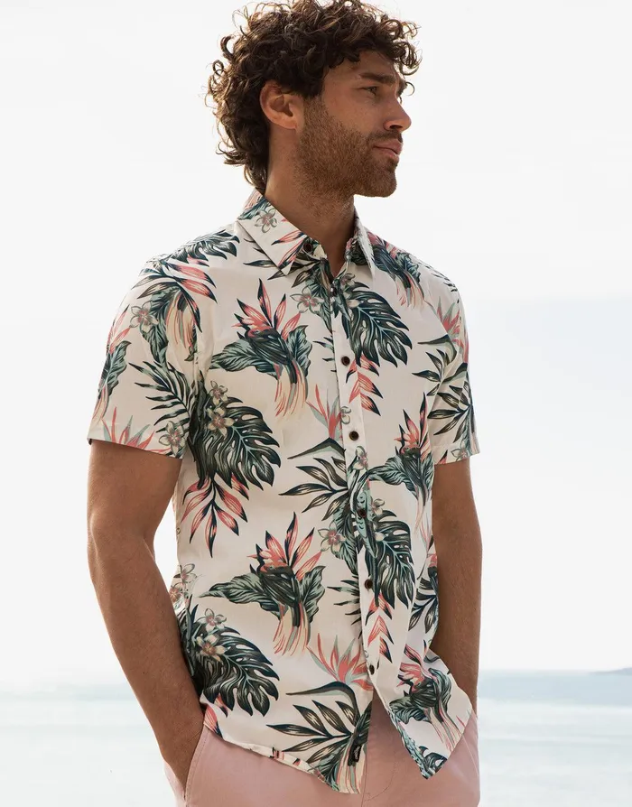 Men Off White Tropical Print Short Sleeve Shirt Off White Threadbare Shirts