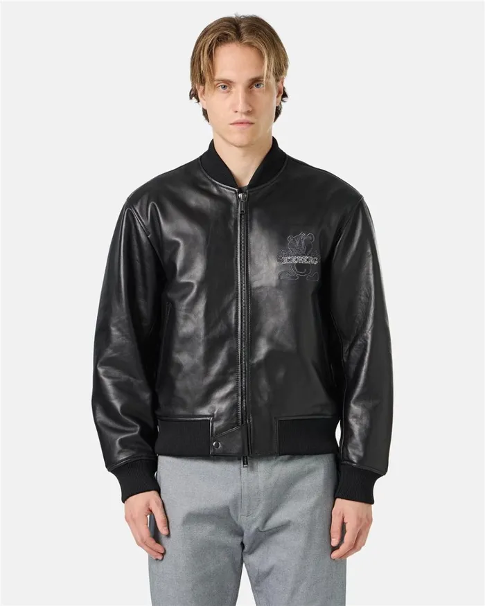 Men OUTERWEAR Iceberg Black Leather Bomber Jacket With Bear Embroidery And Double Slider Zip With Logo Men OUTERWEAR Iceberg Black Leather Bomber Jacket With Bear Embroidery And Double Slider Zip With Logo