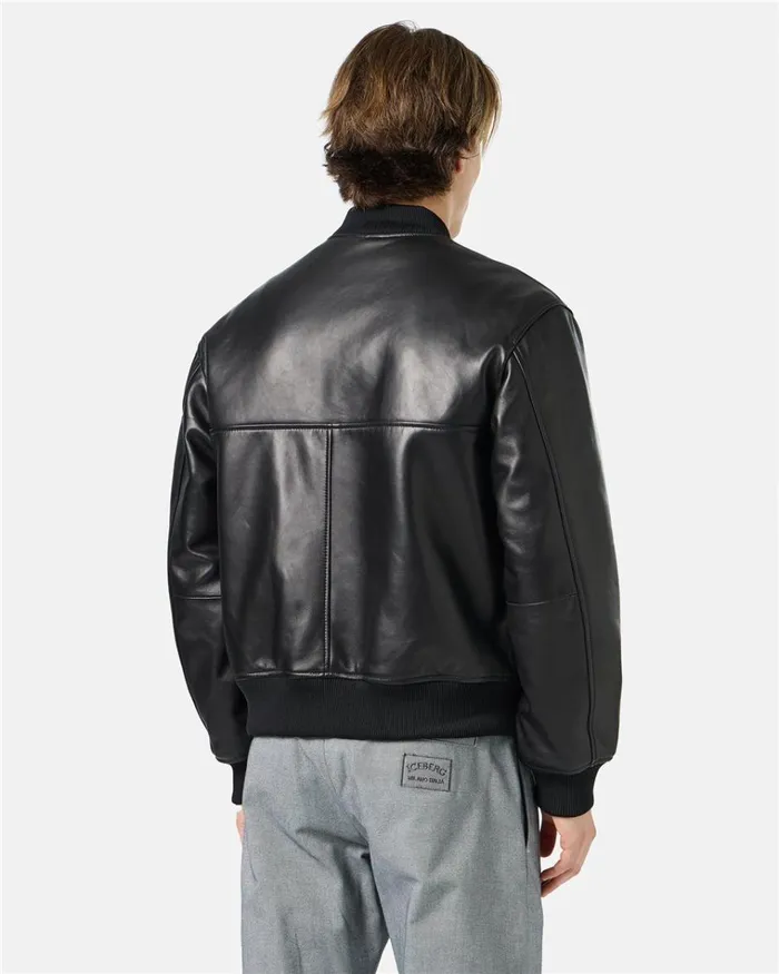 Men OUTERWEAR Iceberg Black Leather Bomber Jacket With Bear Embroidery And Double Slider Zip With Logo Men OUTERWEAR Iceberg Black Leather Bomber Jacket With Bear Embroidery And Double Slider Zip With Logo