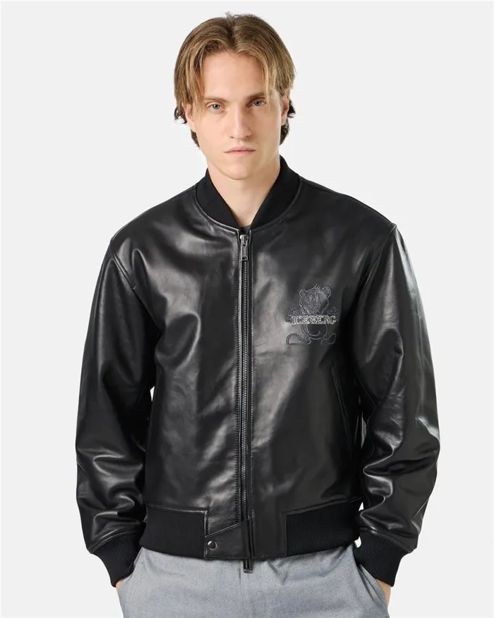 Men OUTERWEAR Iceberg Black Leather Bomber Jacket With Bear Embroidery And Double Slider Zip With Logo Men OUTERWEAR Iceberg Black Leather Bomber Jacket With Bear Embroidery And Double Slider Zip With Logo