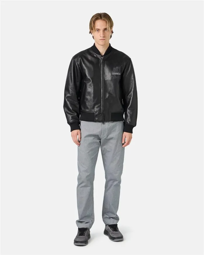Men OUTERWEAR Iceberg Black Leather Bomber Jacket With Bear Embroidery And Double Slider Zip With Logo Men OUTERWEAR Iceberg Black Leather Bomber Jacket With Bear Embroidery And Double Slider Zip With Logo