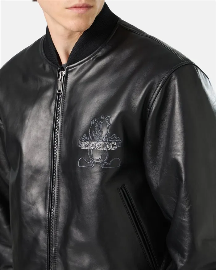 Men OUTERWEAR Iceberg Black Leather Bomber Jacket With Bear Embroidery And Double Slider Zip With Logo Men OUTERWEAR Iceberg Black Leather Bomber Jacket With Bear Embroidery And Double Slider Zip With Logo