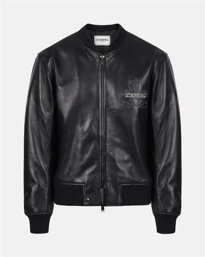 Men OUTERWEAR Iceberg Black Leather Bomber Jacket With Bear Embroidery And Double Slider Zip With Logo Men OUTERWEAR Iceberg Black Leather Bomber Jacket With Bear Embroidery And Double Slider Zip With Logo