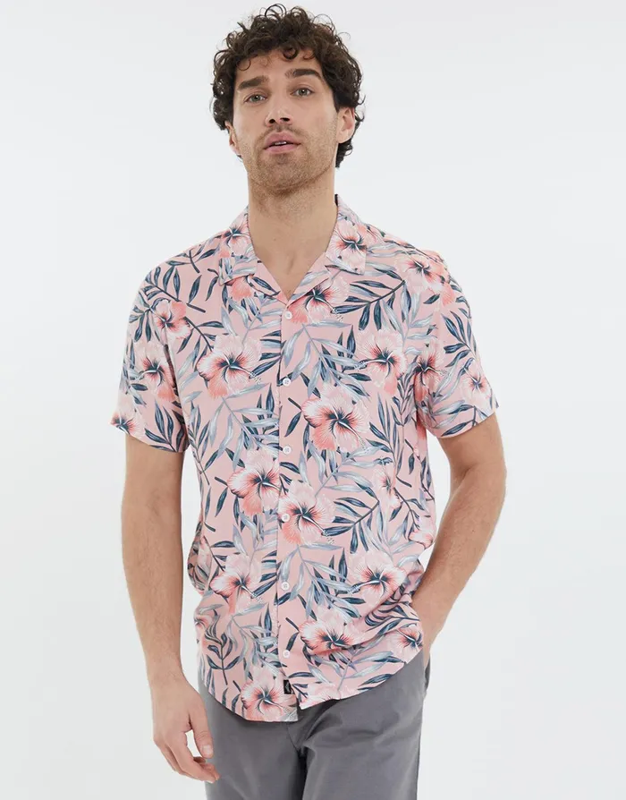 Men Pink Floral Print Short Sleeve Shirt Pink Threadbare Shirts