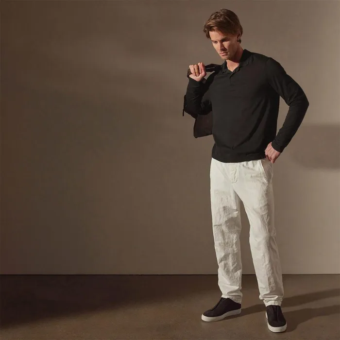 Men PolosNovelty Tops James Perse Luxe Lotus Jersey Long Sleeve Polo Black