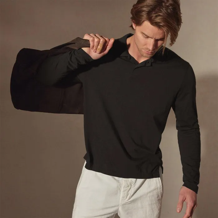 Men PolosNovelty Tops James Perse Luxe Lotus Jersey Long Sleeve Polo Black