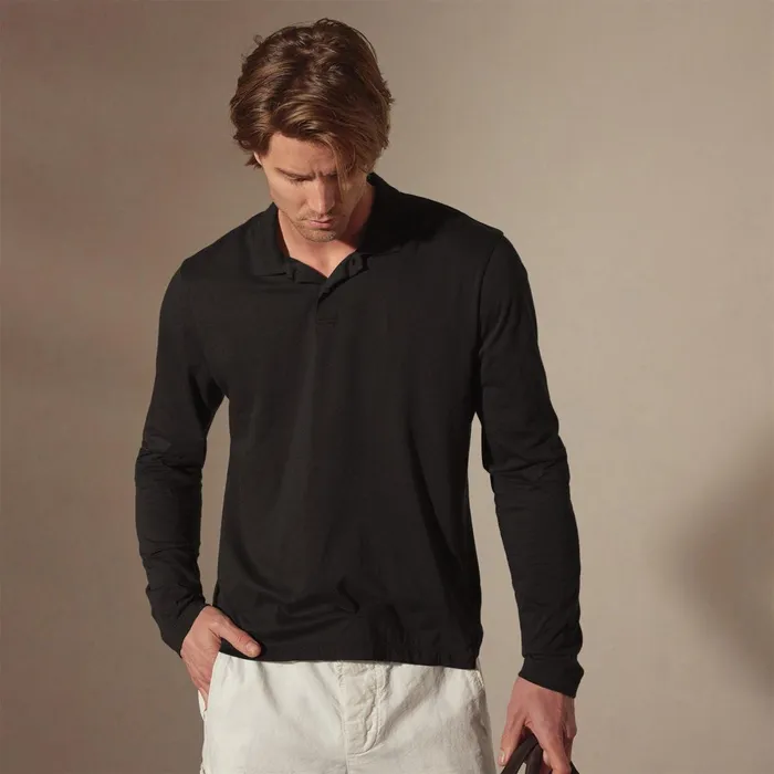 Men PolosNovelty Tops James Perse Luxe Lotus Jersey Long Sleeve Polo Black