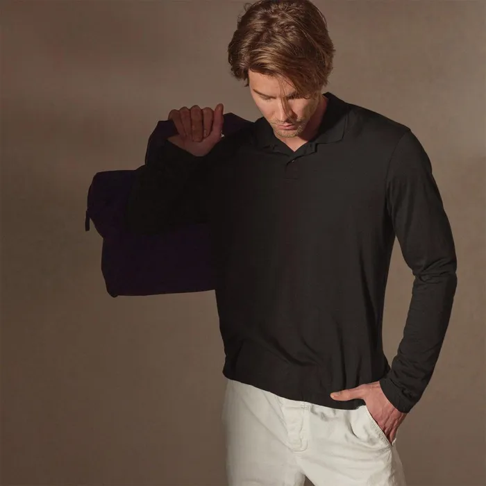 Men PolosNovelty Tops James Perse Luxe Lotus Jersey Long Sleeve Polo Black