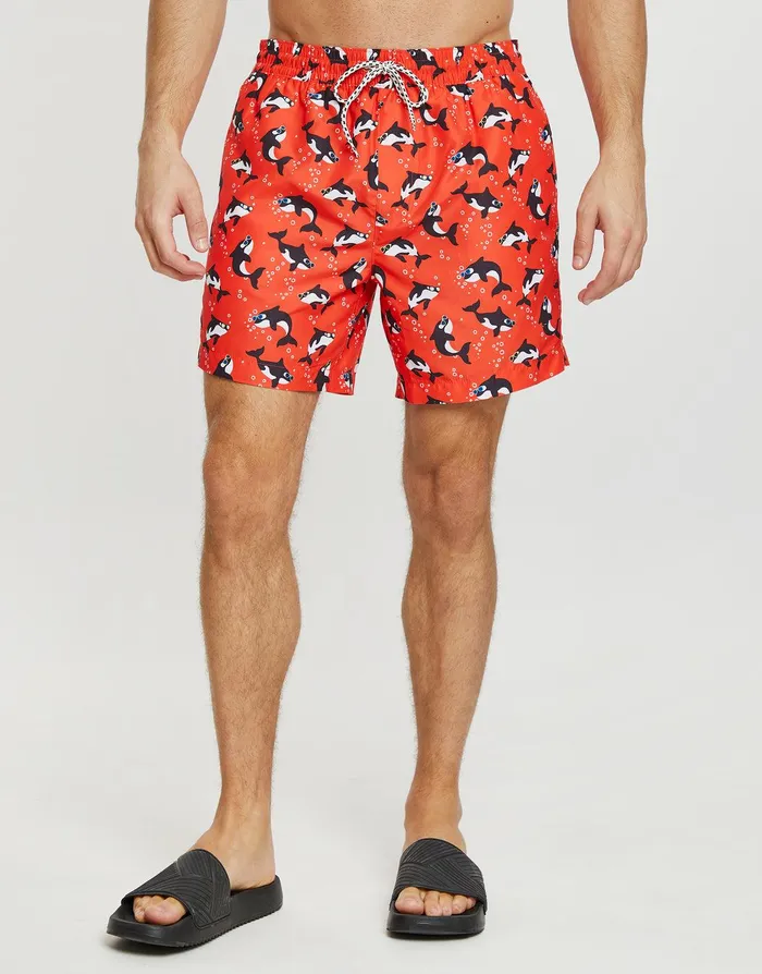 Men Red Killer Whale Print Swim Shorts Red Threadbare Swimwear