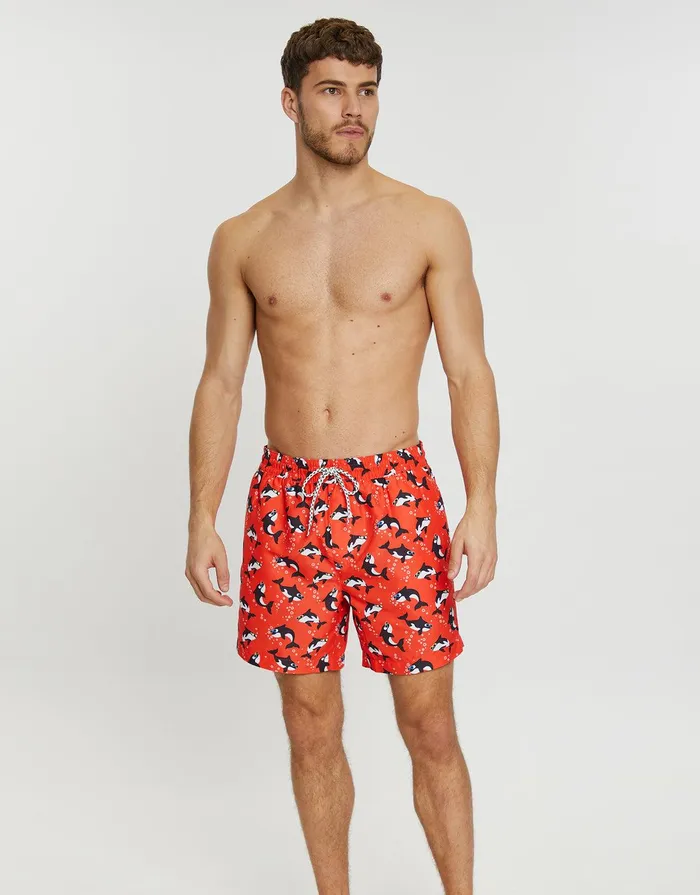 Men Red Killer Whale Print Swim Shorts Red Threadbare Swimwear Men Red Killer Whale Print Swim Shorts Red Threadbare Swimwear