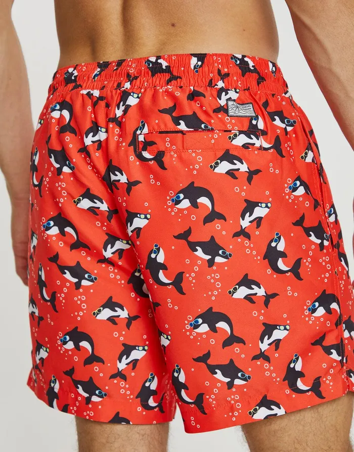 Men Red Killer Whale Print Swim Shorts Red Threadbare Swimwear Men Red Killer Whale Print Swim Shorts Red Threadbare Swimwear