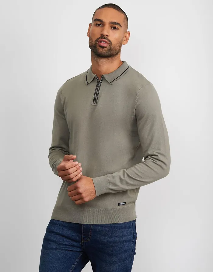 Men Sage Quarter Zip Polo Jumper Sage Threadbare Polo Shirts