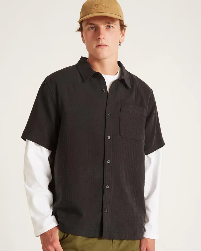 Men Saturdays NYC Shirts Bruce Double Layer Crinkle Short Sleeve Shirt Black Men Saturdays NYC Shirts Bruce Double Layer Crinkle Short Sleeve Shirt Black