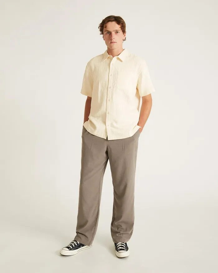 Men Saturdays NYC Shirts Bruce Double Layer Crinkle Short Sleeve Shirt Ivory Men Saturdays NYC Shirts Bruce Double Layer Crinkle Short Sleeve Shirt Ivory