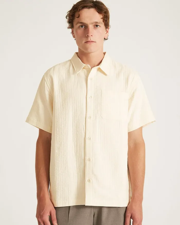 Men Saturdays NYC Shirts Bruce Double Layer Crinkle Short Sleeve Shirt Ivory Men Saturdays NYC Shirts Bruce Double Layer Crinkle Short Sleeve Shirt Ivory