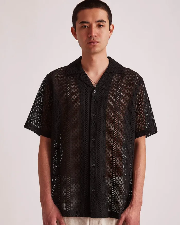 Men Saturdays NYC Shirts Canty Cotton Lace SS Shirt Black