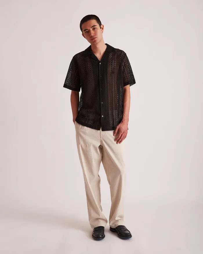 Men Saturdays NYC Shirts Canty Cotton Lace SS Shirt Black