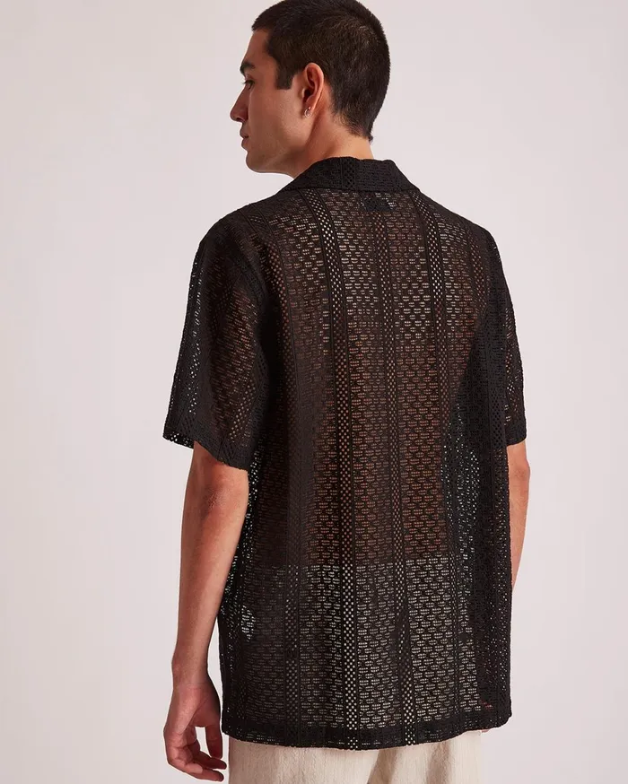 Men Saturdays NYC Shirts Canty Cotton Lace SS Shirt Black