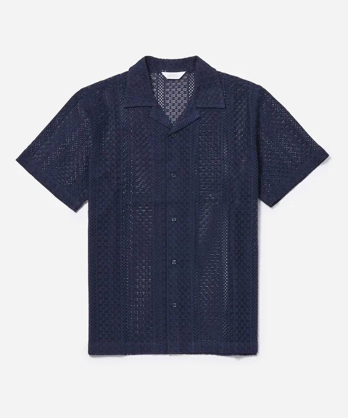 Men Saturdays NYC Shirts Canty Cotton Lace SS Shirt Navy