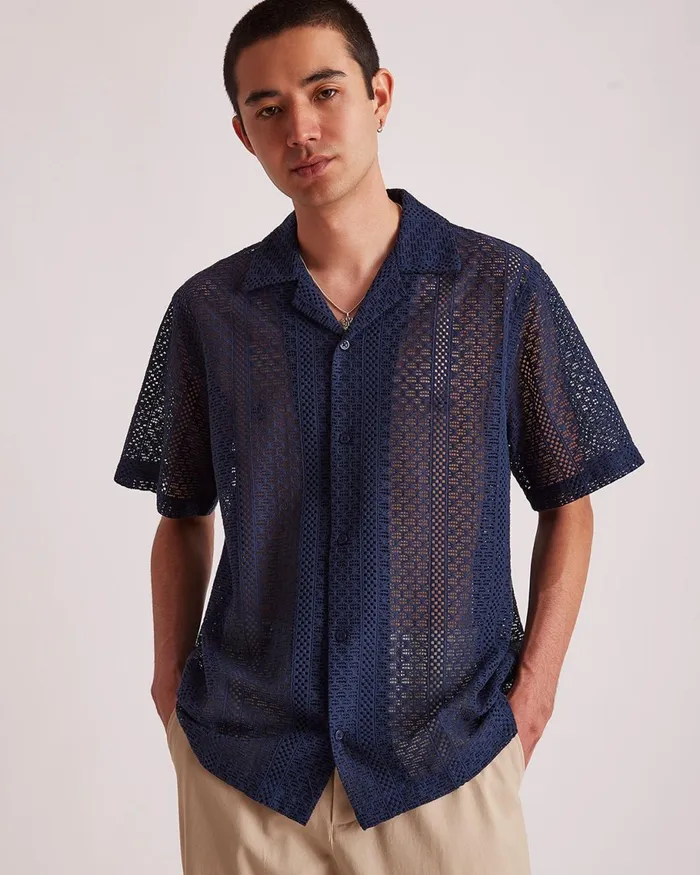 Men Saturdays NYC Shirts Canty Cotton Lace SS Shirt Navy Men Saturdays NYC Shirts Canty Cotton Lace SS Shirt Navy