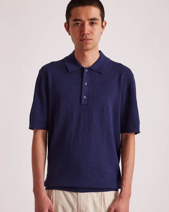 Men Saturdays NYC Shirts Jahmad LinenBlend Knit Polo Ocean Men Saturdays NYC Shirts Jahmad LinenBlend Knit Polo Ocean