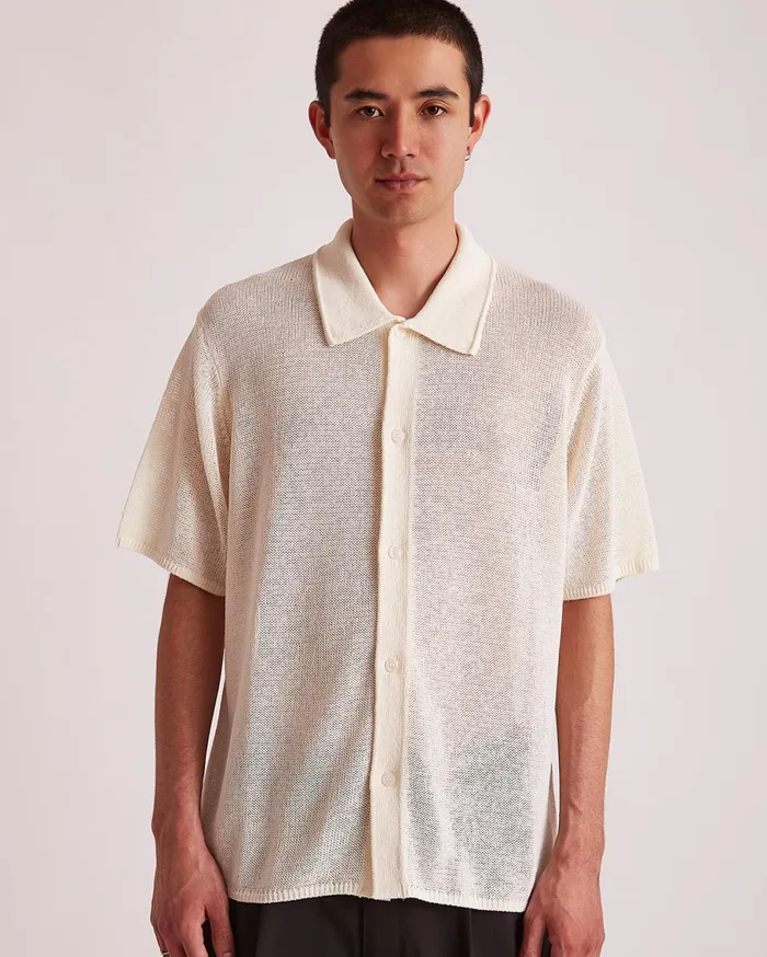 Men Saturdays NYC Shirts Kenneth Mesh Knit Shirt Antiquewhite