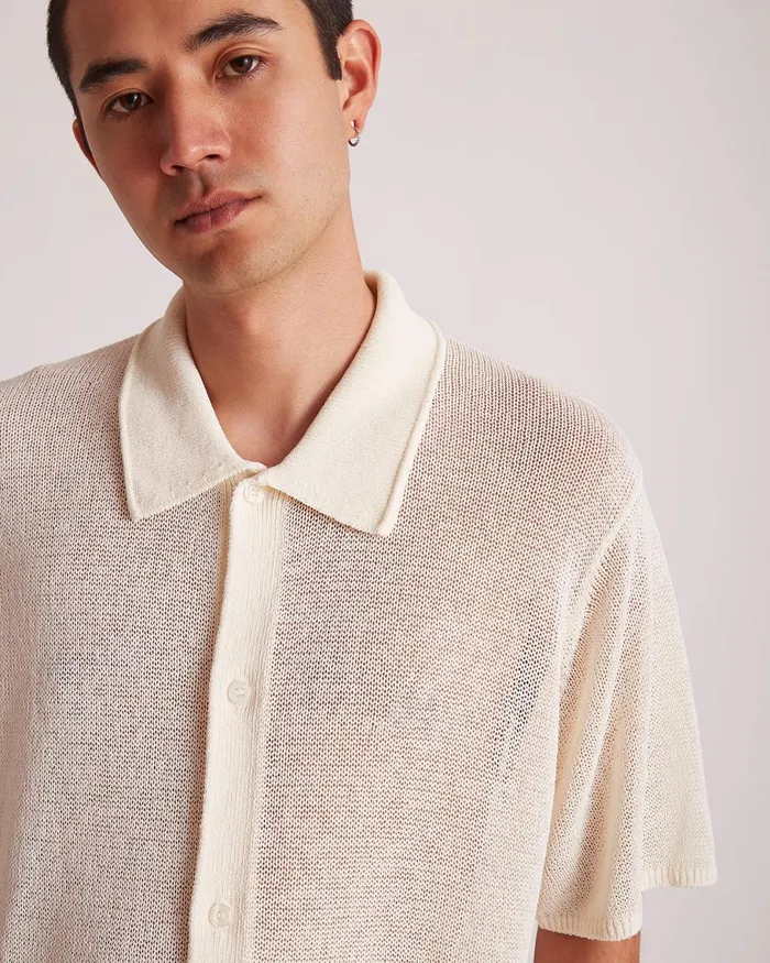 Men Saturdays NYC Shirts Kenneth Mesh Knit Shirt Antiquewhite