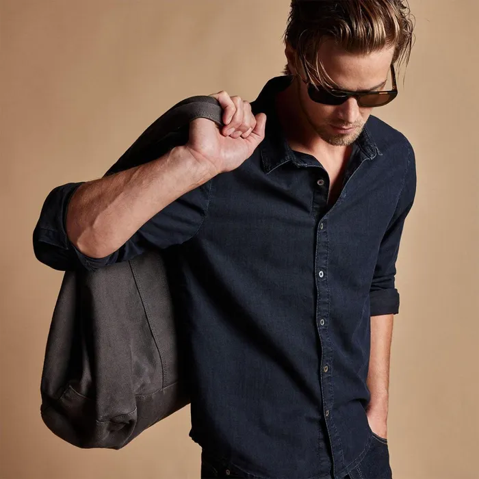 Men Shirting James Perse Lightweight Denim Shirt Blue Black