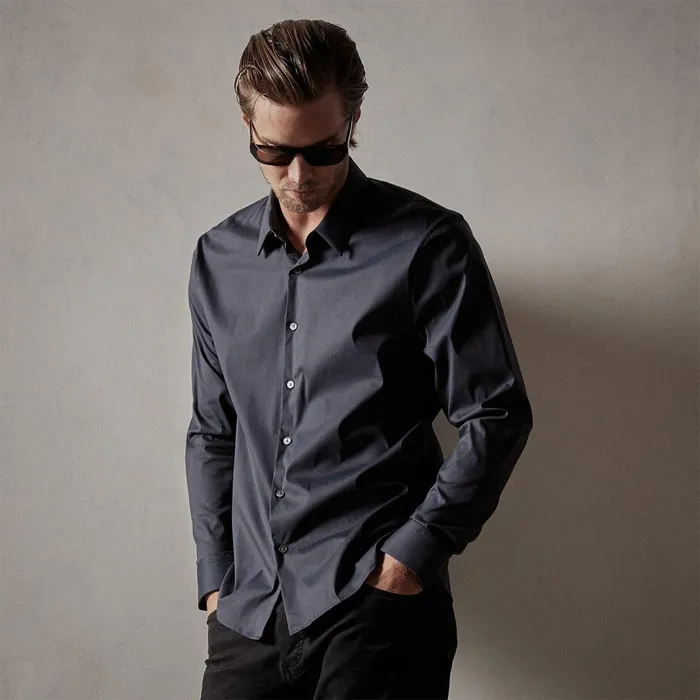 Men Shirting James Perse Matte Stretch Poplin Dress Shirt Navy