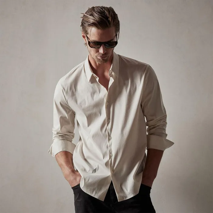 Men Shirting James Perse Matte Stretch Poplin Dress Shirt Sand