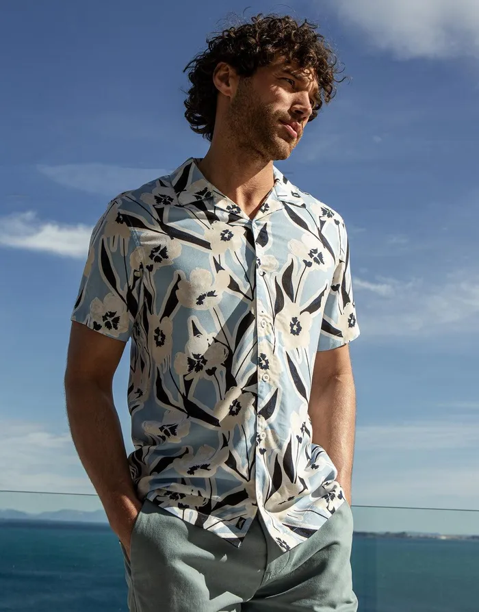 Men Sky Blue Floral Print Short Sleeve Shirt Sky Blue Threadbare Shirts