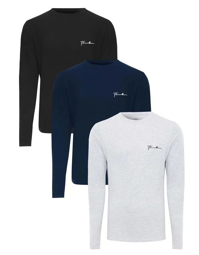 Men Small Script Long Sleeve Crew Neck TShirts 3 Pack Black Grey Marl Navy Threadbare TShirts Men Small Script Long Sleeve Crew Neck TShirts 3 Pack Black Grey Marl Navy Threadbare TShirts