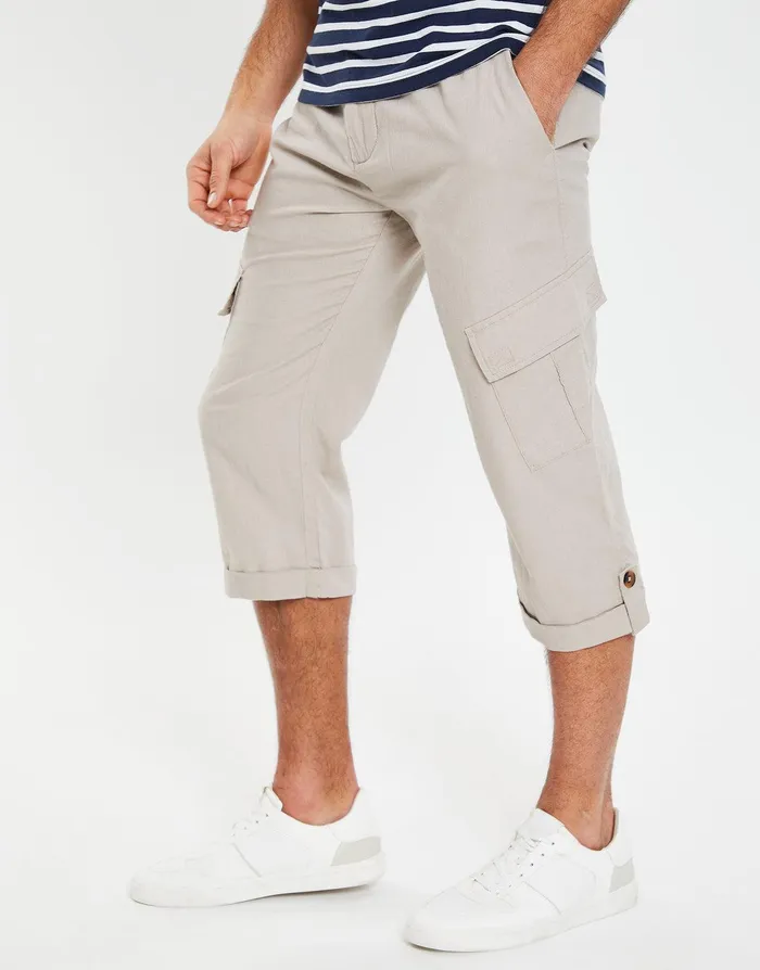 Men Stone 34 Length Linen Blend Cargo Trousers Stone Threadbare Trousers and Cargos Men Stone 34 Length Linen Blend Cargo Trousers Stone Threadbare Trousers and Cargos