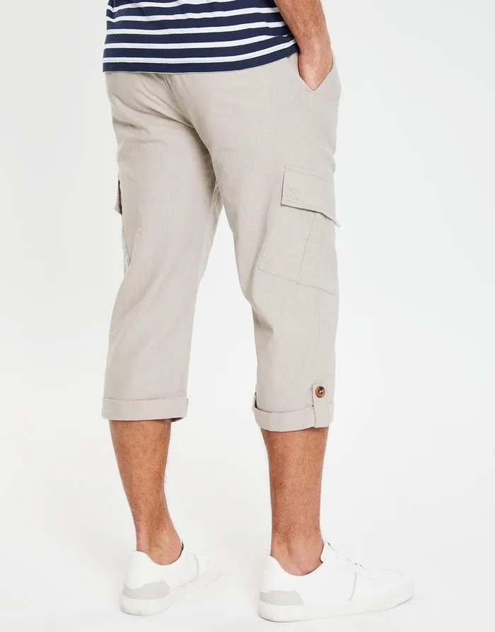 Men Stone 34 Length Linen Blend Cargo Trousers Stone Threadbare Trousers and Cargos Men Stone 34 Length Linen Blend Cargo Trousers Stone Threadbare Trousers and Cargos