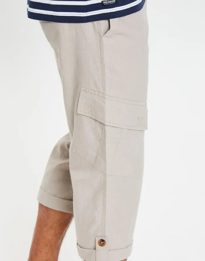 Men Stone 34 Length Linen Blend Cargo Trousers Stone Threadbare Trousers and Cargos Men Stone 34 Length Linen Blend Cargo Trousers Stone Threadbare Trousers and Cargos