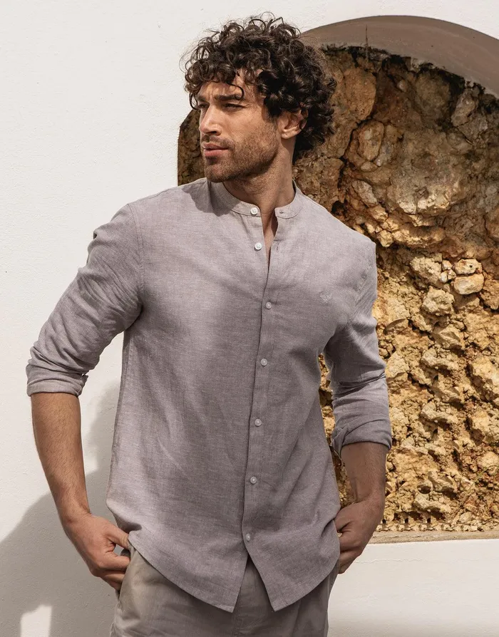 Men Stone Grandad Collar Linen Blend Shirt Stone Threadbare Shirts