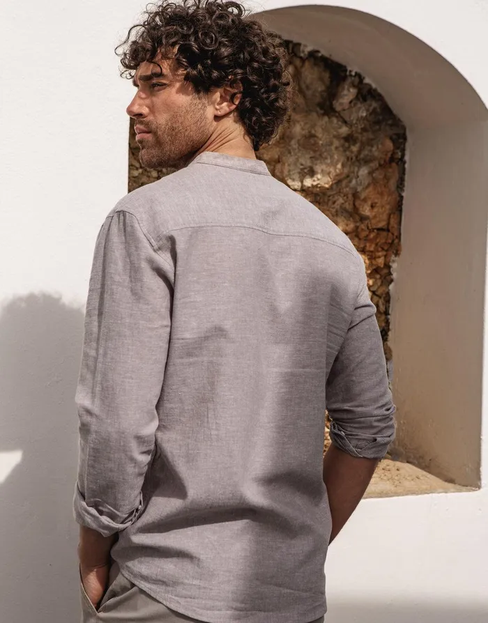 Men Stone Grandad Collar Linen Blend Shirt Stone Threadbare Shirts