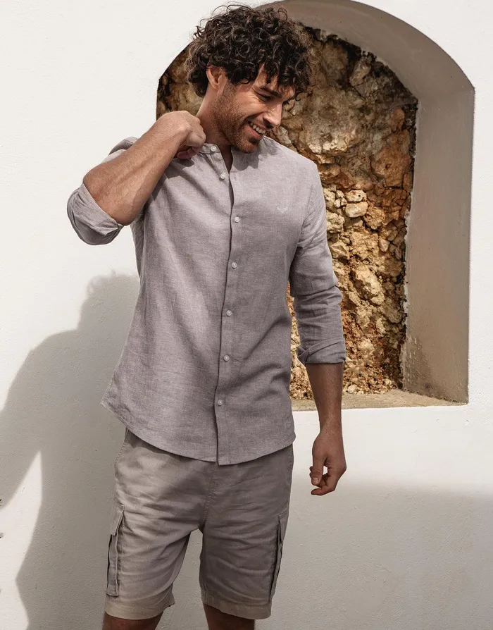 Men Stone Grandad Collar Linen Blend Shirt Stone Threadbare Shirts