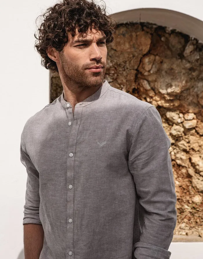 Men Stone Grandad Collar Linen Blend Shirt Stone Threadbare Shirts