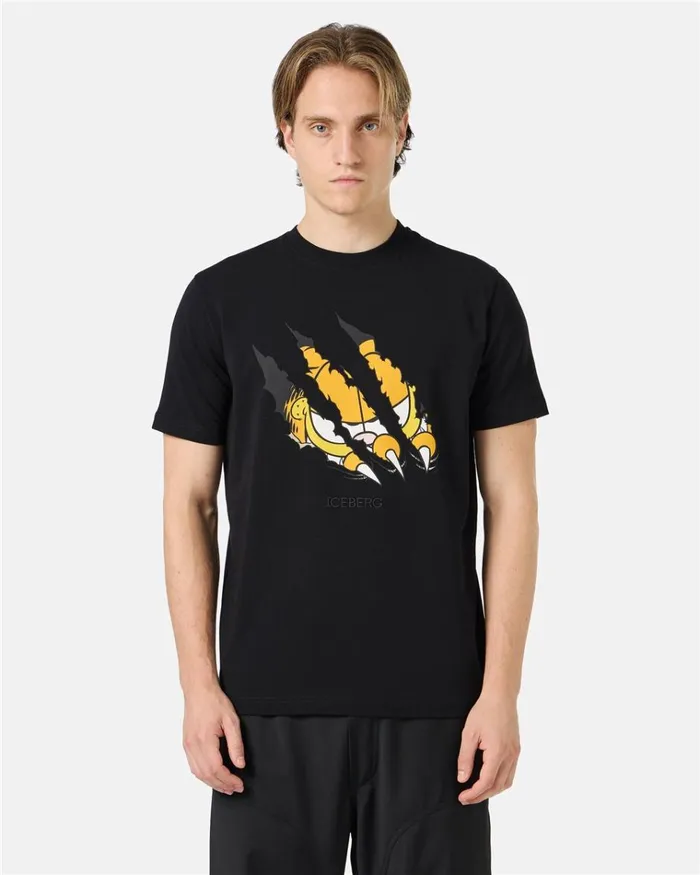 Men TSHIRTS AND POLO Iceberg Black Cotton Jersey Tshirt With Garfield Print And Embroidered Iceberg Logo