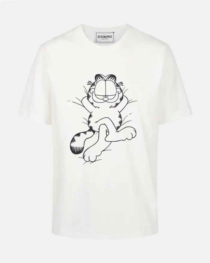 Men TSHIRTS AND POLO Iceberg White Cotton Jersey Tshirt With Lazy Garfield Print Men TSHIRTS AND POLO Iceberg White Cotton Jersey Tshirt With Lazy Garfield Print